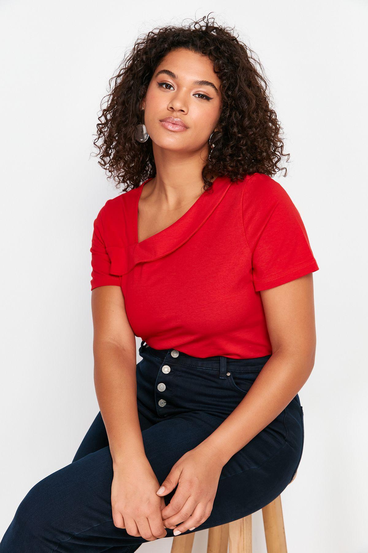 

Women s Fashion Red Asymmetrical Collar Knitted Blouse 4XL
