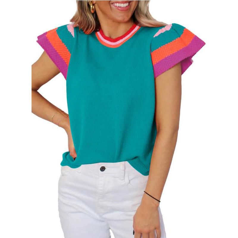 Women's Clothing Summer Round Neck Knitted Tops Clashing Sweet Short-sleeved Women's Jumper