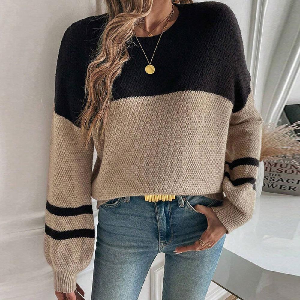 Damen Rundhals Langarm Strickpullover Oversized Farbblock Pendler Pullover