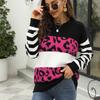 Women S Loose Knit Sweater Round Neck Long Sleeve Leopard Print Color Block Pullover