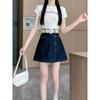 South Korea Dongdaemun Fashion Commuter Ol Summer High Waist A- Line Cover Casual Denim Short Culotte Send Belt M-4XL