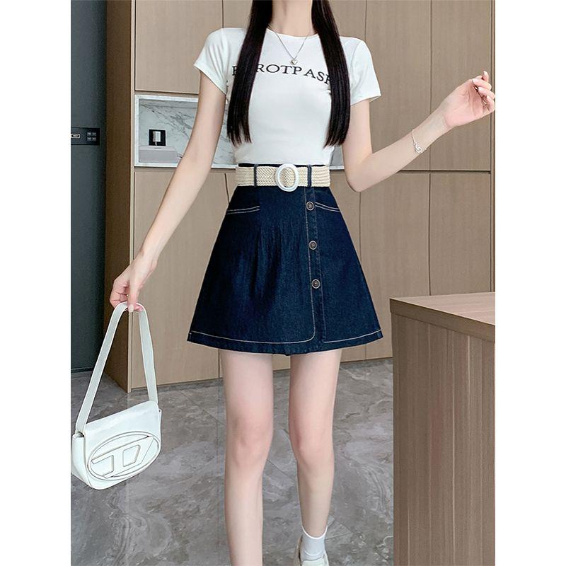South Korea Dongdaemun Fashion Commuter Ol Summer High Waist A- line Cover Casual Denim Short Culotte Send Belt M-4XL