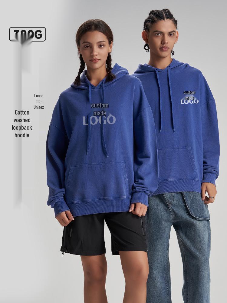 Men's Retro Wash-Faded Cotton Hoodie with Embroidered Logo