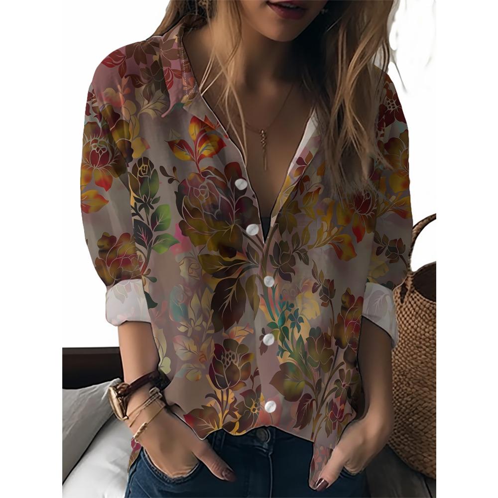 Summer Minimalist Shirt with Floral Digital Print Button Up Shirt Top for Women's Hawaiian Beach Vacation Casual Shirt