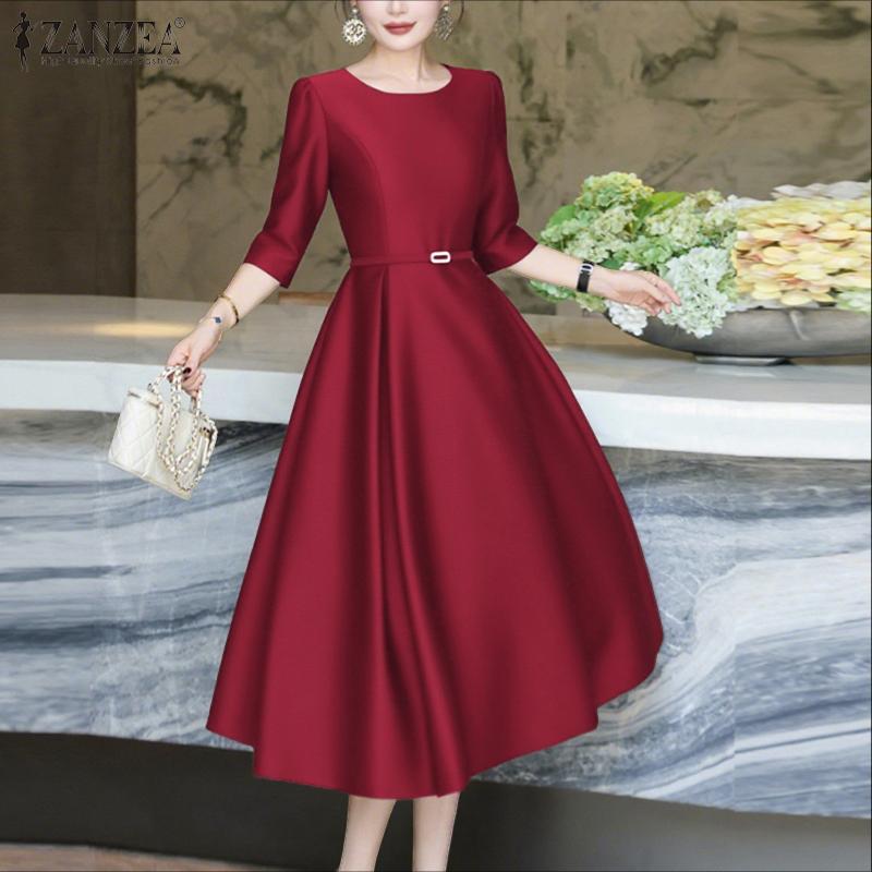 ZANZEA Damen Casual Rundhals Einfarbig 3/4-Ärmel Satin Kleid