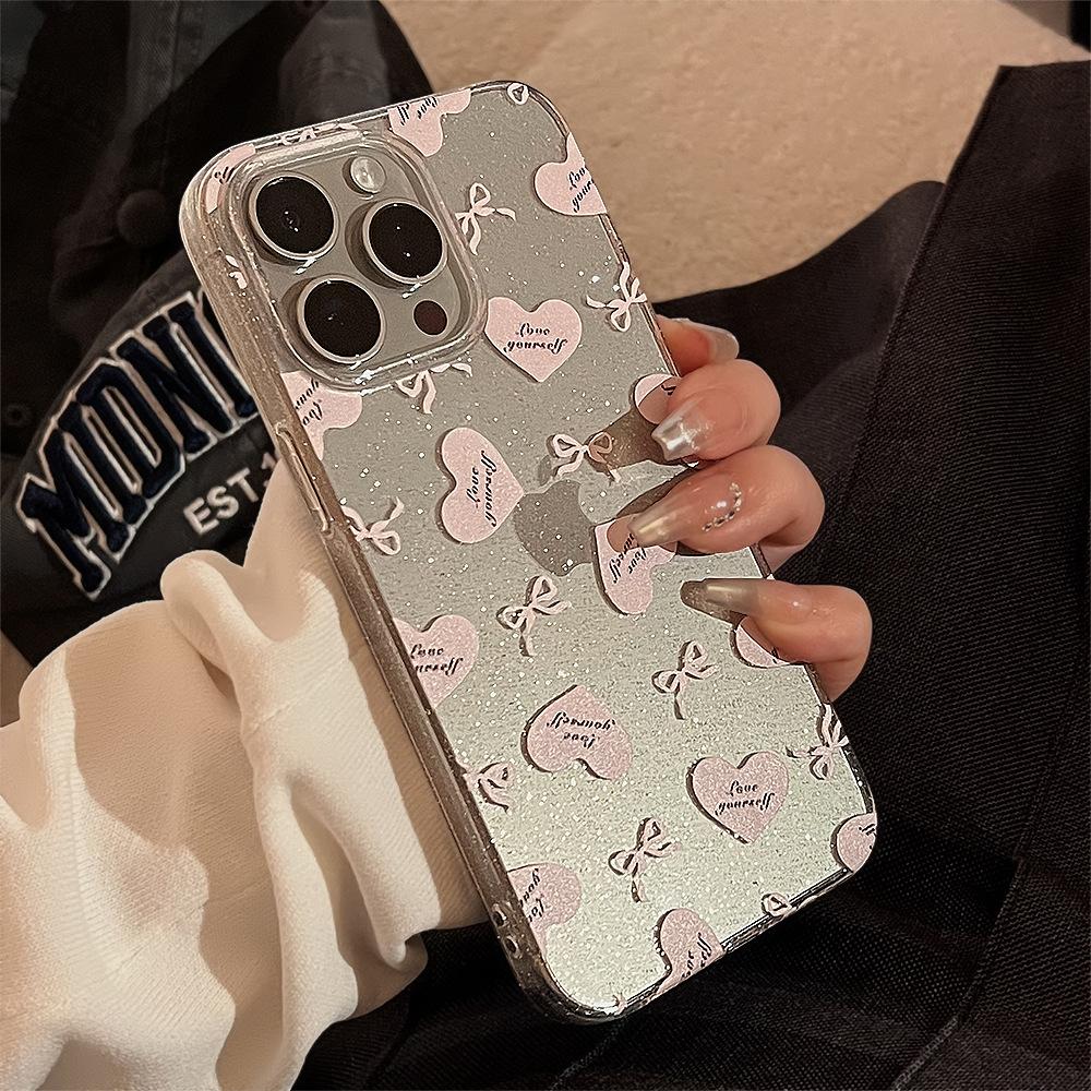 Pink Love Bow Glitter for Apple 15 Promax Mobile Phone Case 16 for Iphone 17 Soft 11 Niche 12 Transparent