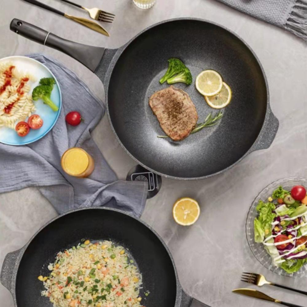 KOSUN Nonstick Wok with Lid Gas Stove Induction Cooker Universal Flat Pan Chefs Pans for Household Cookware Kitchen Frying Pan