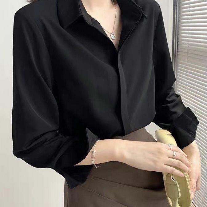 Temperamental Black Chiffon Long Sleeve Blouse - Women's Autumn French Style Professional Top