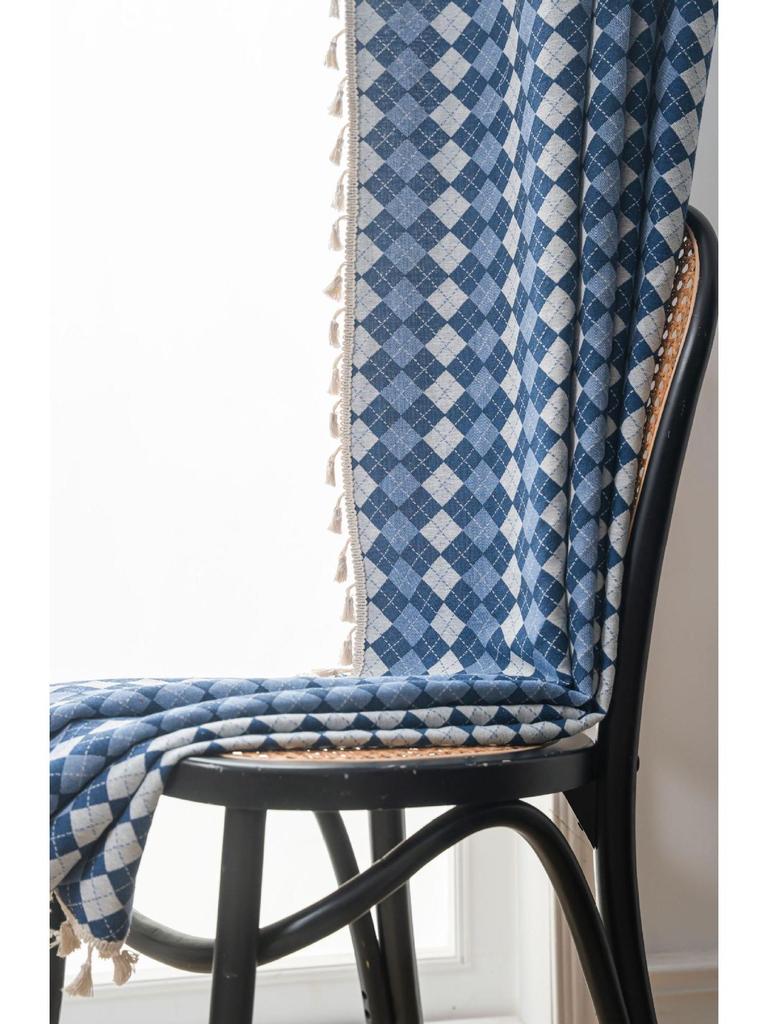 Yimanqiyun Blue French Grid Jacquard Semi-Blackout Bay Window Curtains
