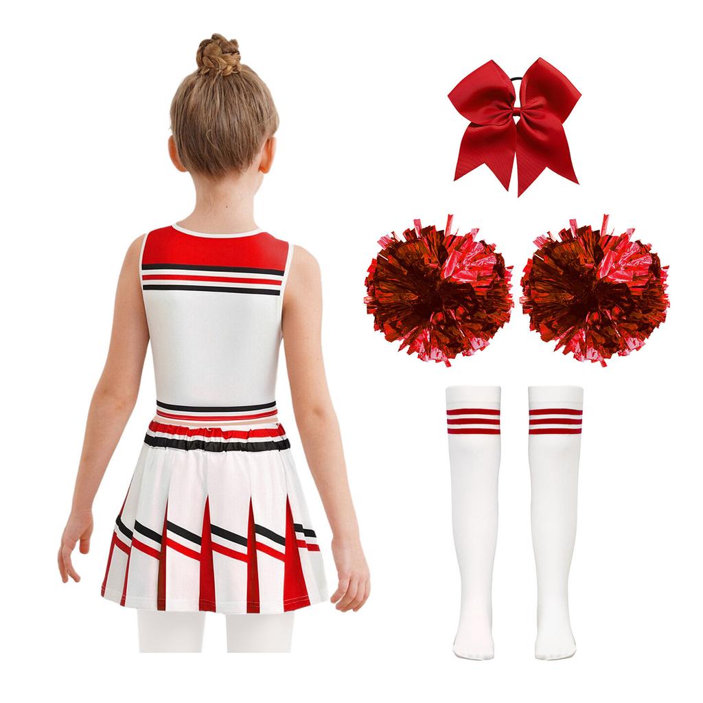 Girls Cheerleader Outfit Color Contrast Print Sleeveless Top Pleated Skirt Hand Flowers Socks Set