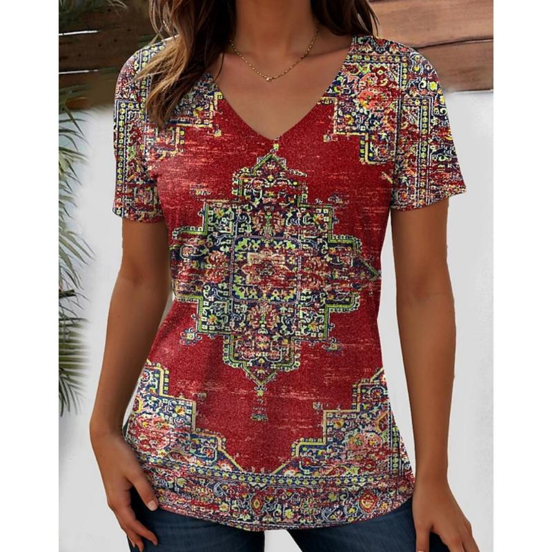Harajuku Wind Ladies V-neck T-shirt Summer Outdoor Casual Short Sleeve Tops Retro Street Flower Print OverSize Women's Clothing