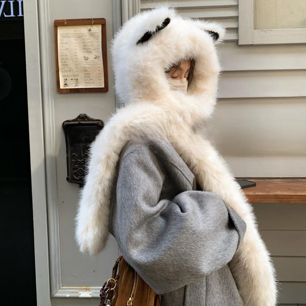 Thicken Integrated Cap Scarf Soft Hooded Scarf Trendy Plush Vixen Ear Beanie Hat Winter