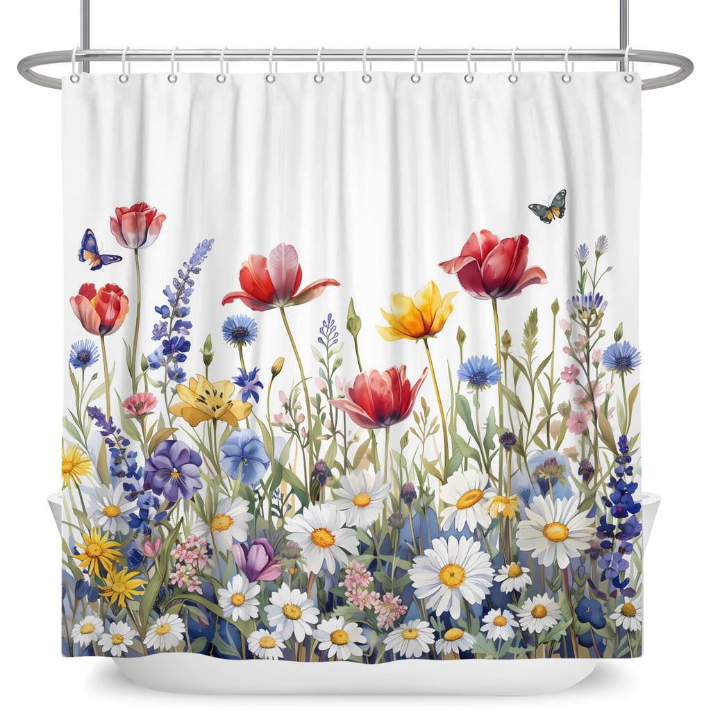 Watercolor Floral Shower Curtain Vibrant Wildflower Butterfly Print Waterproof Bathroom Curtain Decor Polyester With 12 Hooks