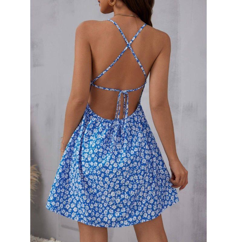 Small Summer New Arrival Sweet Small Floral Print off-Neck Sexy Sexy Open Back Sling Dress Seaside Skirt