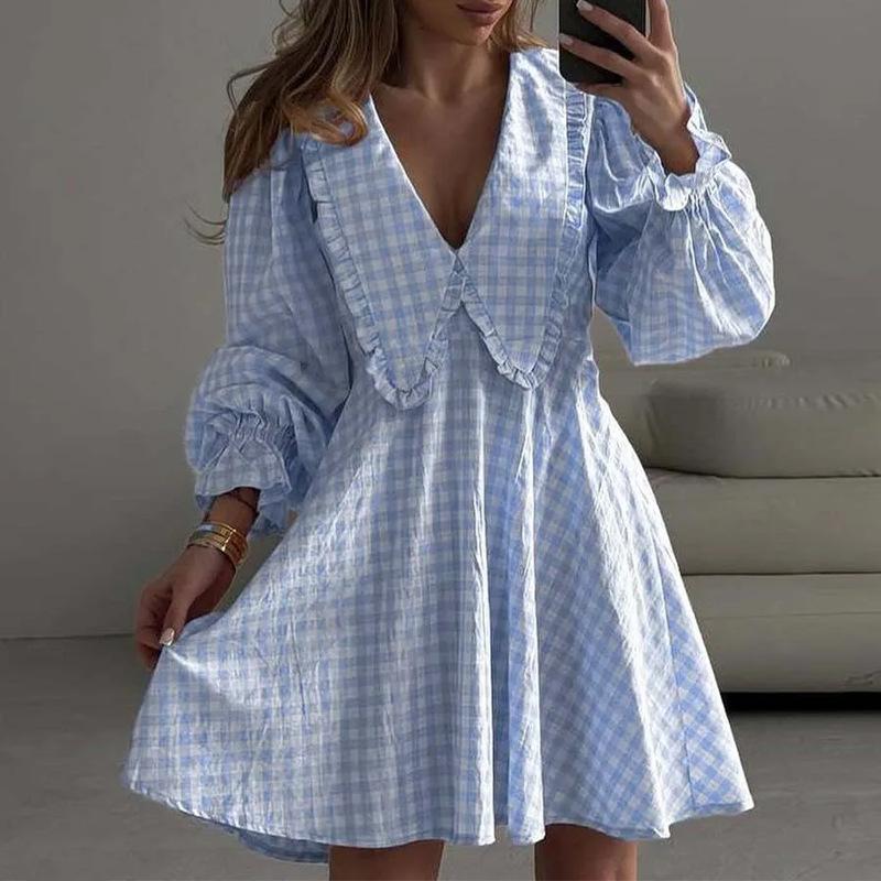 Women's Clothing, New Summer Skirts, Fashionable Casual Plaid Lace Dress, Short Skirt.