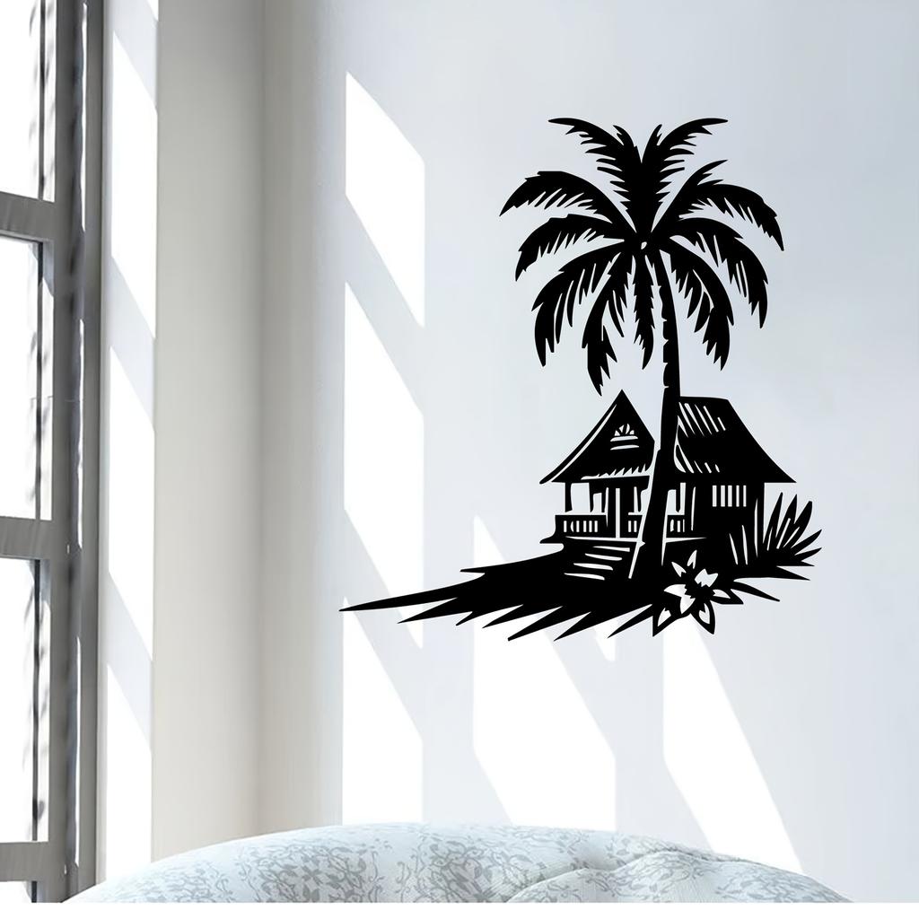 1pc Tropical Coconut Tree Hut Metal Wall Art Weatherproof Iron Patio Garden Decor Beach House Outdoor Sculpture Holiday Gift