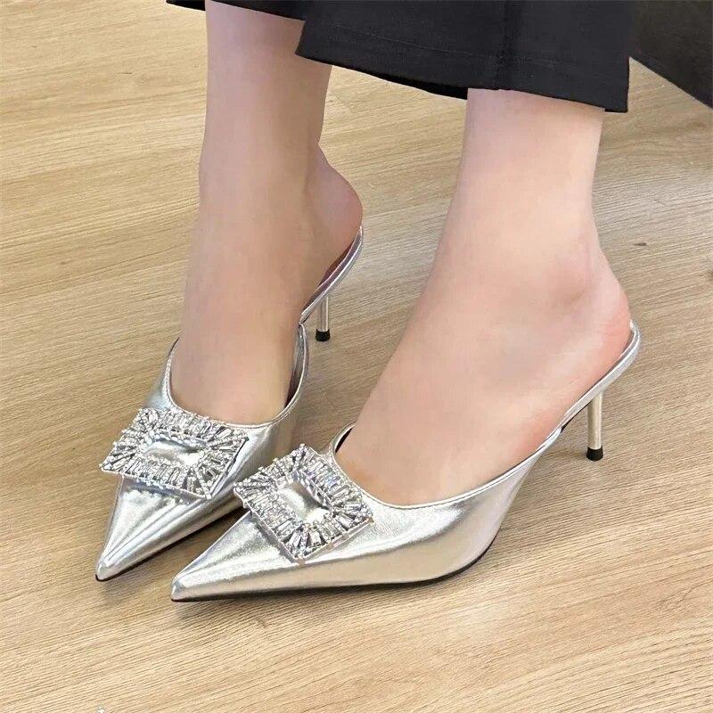 Eilyken/весенние женские тапочки с кристаллами и пряжкой на тонком каблуке — фото 9