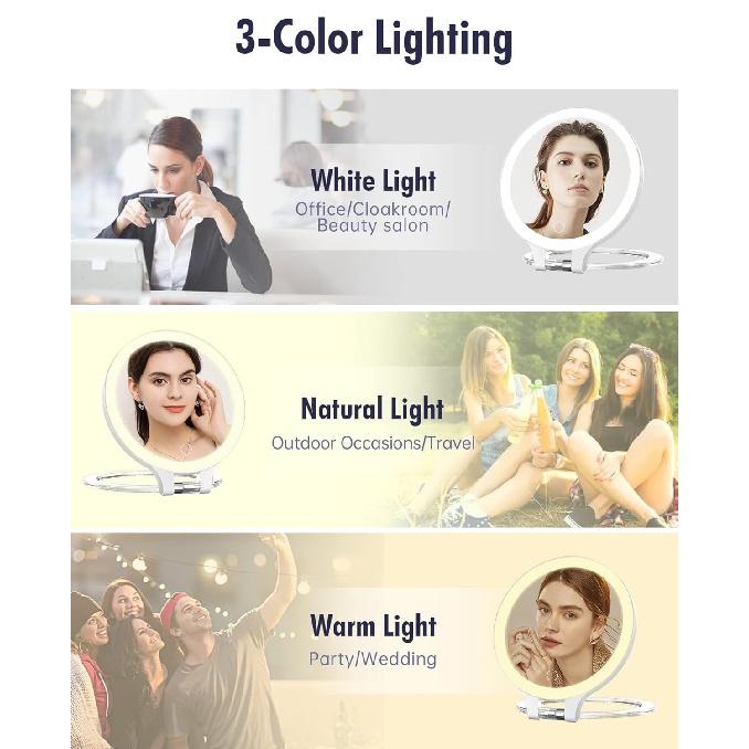 FASCINATE Magnifying Mirror 10X 1X Double Sided Magnification Makeup Vanity Mirror Rechargeable Lighted Mirror with 3 Color Setting Adjustable