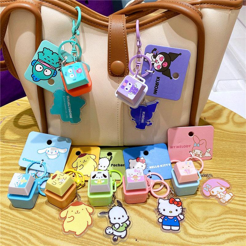 Official Hello Kitty Music Wooden Fish Fidget Keychain Press Button Sound Relief Plush Doll Pendant Cartoon Bag