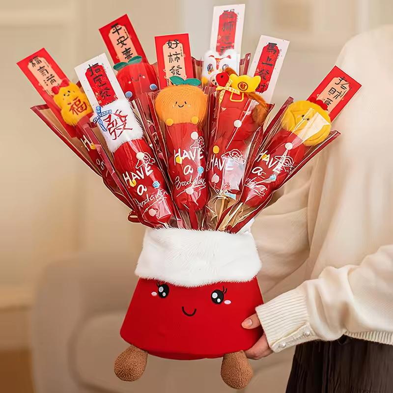 Artificial Flower Bouquet in Bucket with 2026 Horse Ornament for Chinese New Year Decor; Photography Accent