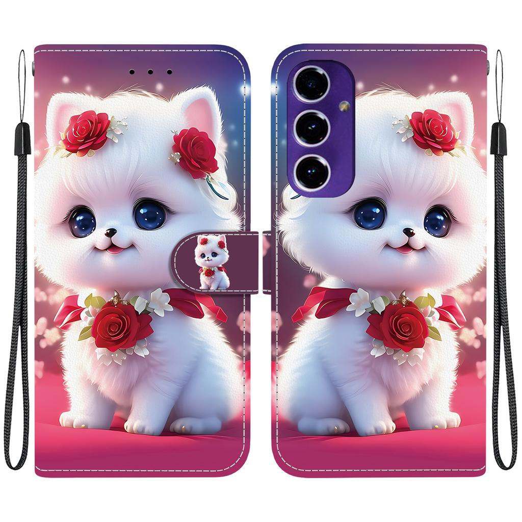 Handmade PU Leather Flip Case for Samsung Galaxy S24 FE (SM-S721B) Anti-Slip Shockproof Cover with Wrist Strap & Heart/Rose Cat Designs