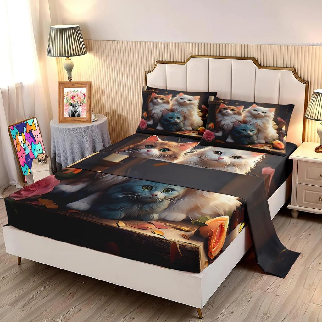 Cute cartoon cat family pattern mattress four-piece bedding set bedroom dormitory bedding set