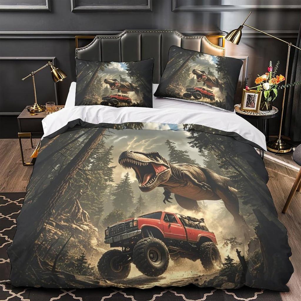 Dinosaurier Monster Truck Bettbezug, Monster Trucks 3D Cartoon Bettdeckenbezug, Comic-Stil Doppelbettwäsche-Set mit Kissenbezügen
