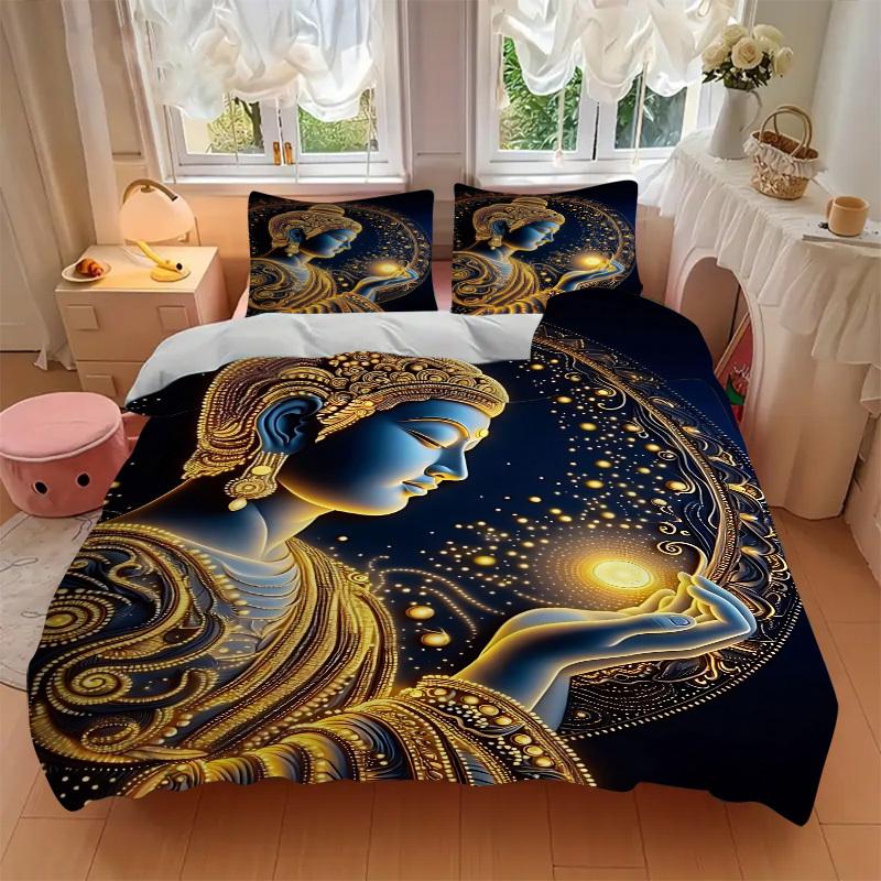 3pcs Golden Era Bedding Set - 1 Duvet Cover + 2 Pillowcases(Core Not Included), Machine Washable Polyester, All-Season Comfort, Bedroom Deco