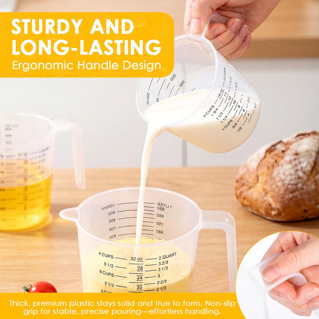 3Pcs 250/500/1000ml Measuring Cup with Handle & Scale Clear Heat-Resistant V Shaped Spout Kitchen Plastic Cooking Volume Baking