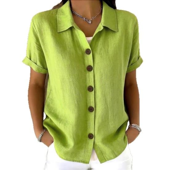 Women Tops Lapel Short Sleeve Buttons Placket Shirt Tops Pure Color Loose S зелёный