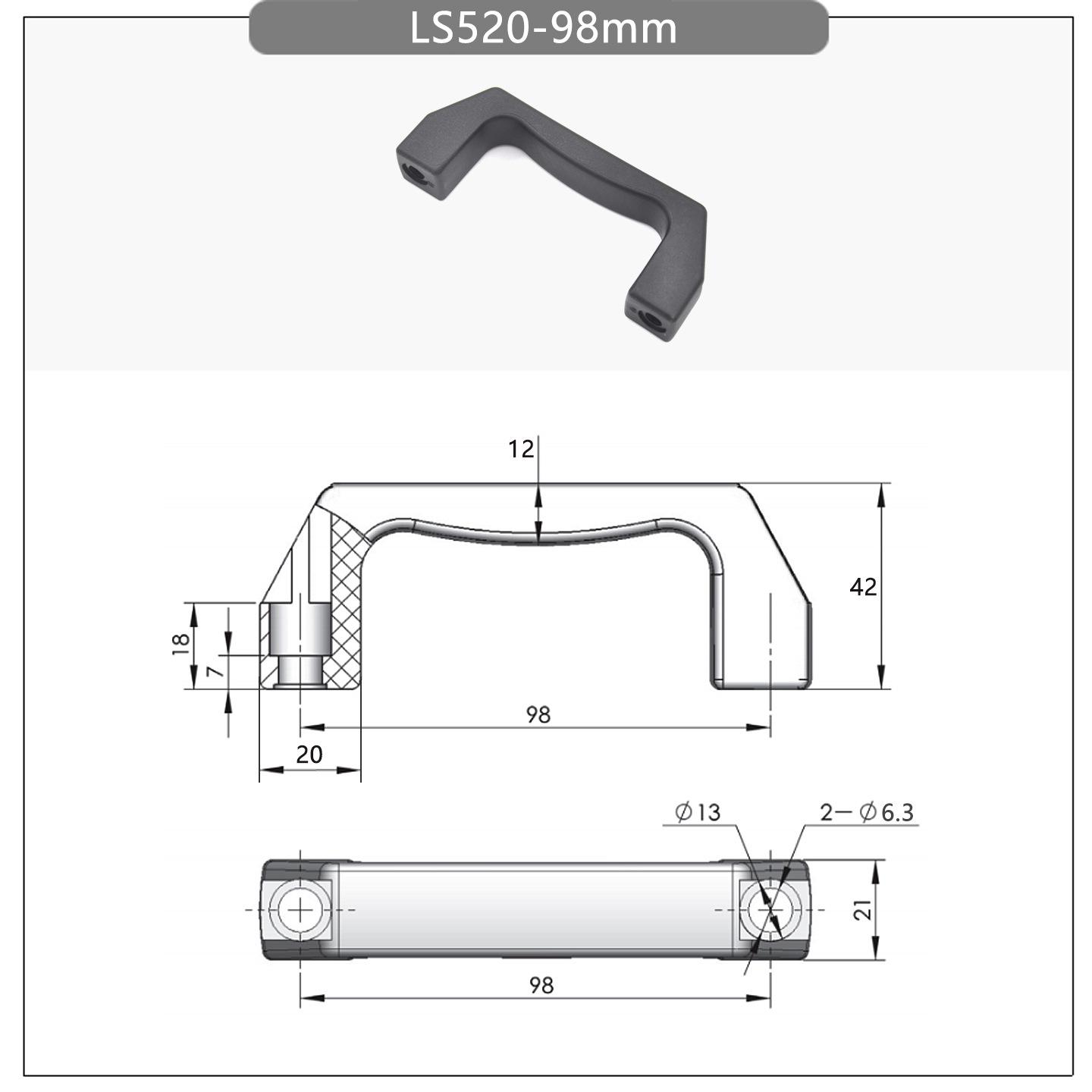 Black Insulated Nylon Pull Handle for Cabinet Door, 98mm Hole Spacing, Plastic Square Design