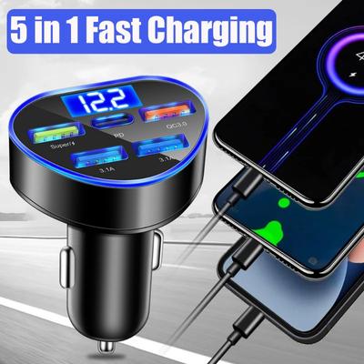 12-24 V 5 Ports Autoladegerät Digitaler Feuerzeug SCP/QC3.0 Superschnelles Laden 4USB-Telefonladegerät für iPhone Xiaomi Samsung Huawei