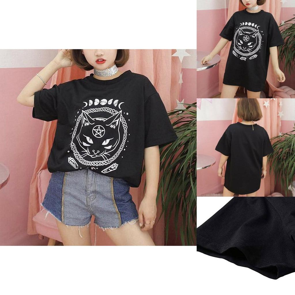 Damen Mädchen Lustiges Kurzarm Mond Katze Print Punk Gothic Lässiges Oberteil Bluse