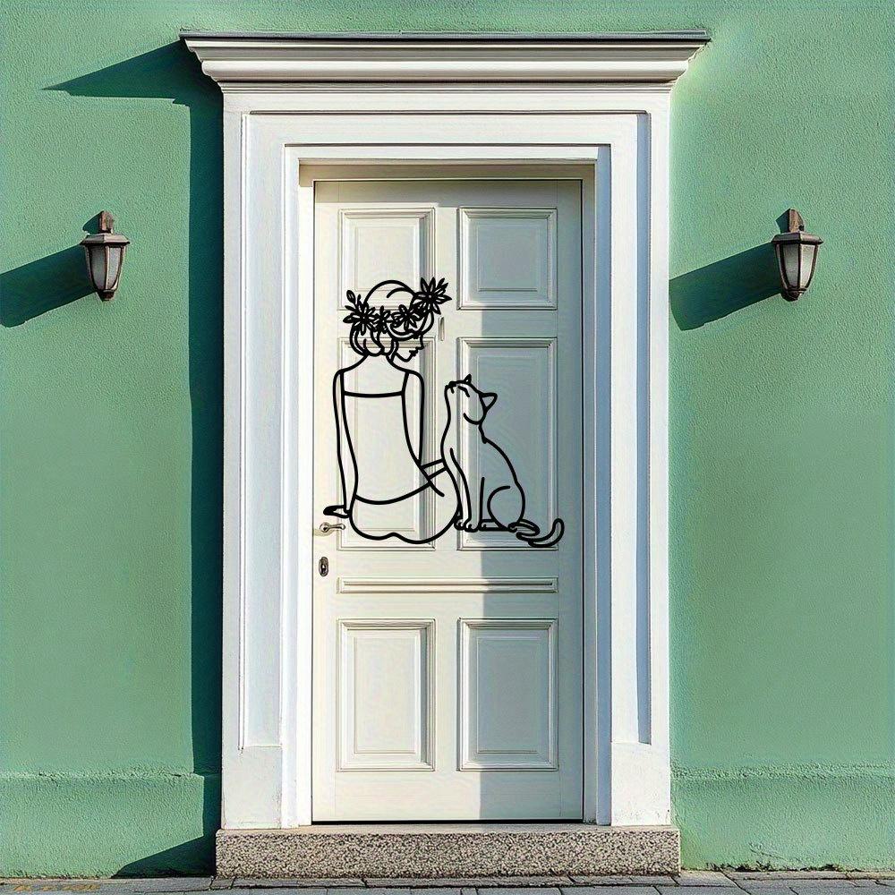 1pc Modern Metal Wall Art Woman with Cat Line Drawing Black White Iron Decor Living Room Bedroom Kitchen