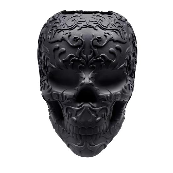 Halloween Room Decor Skull Makeup Brush Holder, Matte Black Gothic Skeleton Pen Organizer Hollow Container for Desk, Resin Storage Figurine