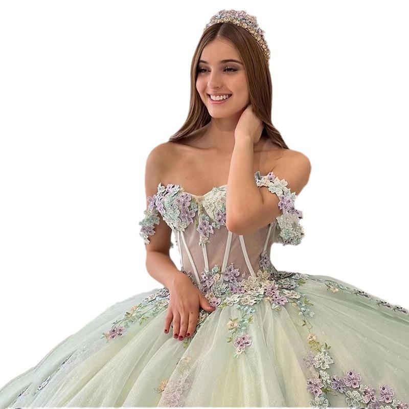 Evening dress mesh tutu skirt 1011 new one-word shoulder chicken heart collar trailing three-dimensional flowers
