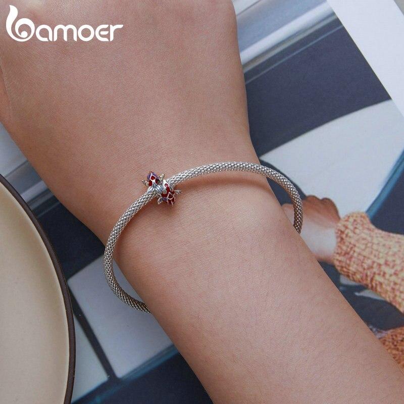 BAMOER 925 Sterling Silver Chinese New Year Series Red Enamel Lion Dancing Hanging Bead for Women Bracelet and Necklace