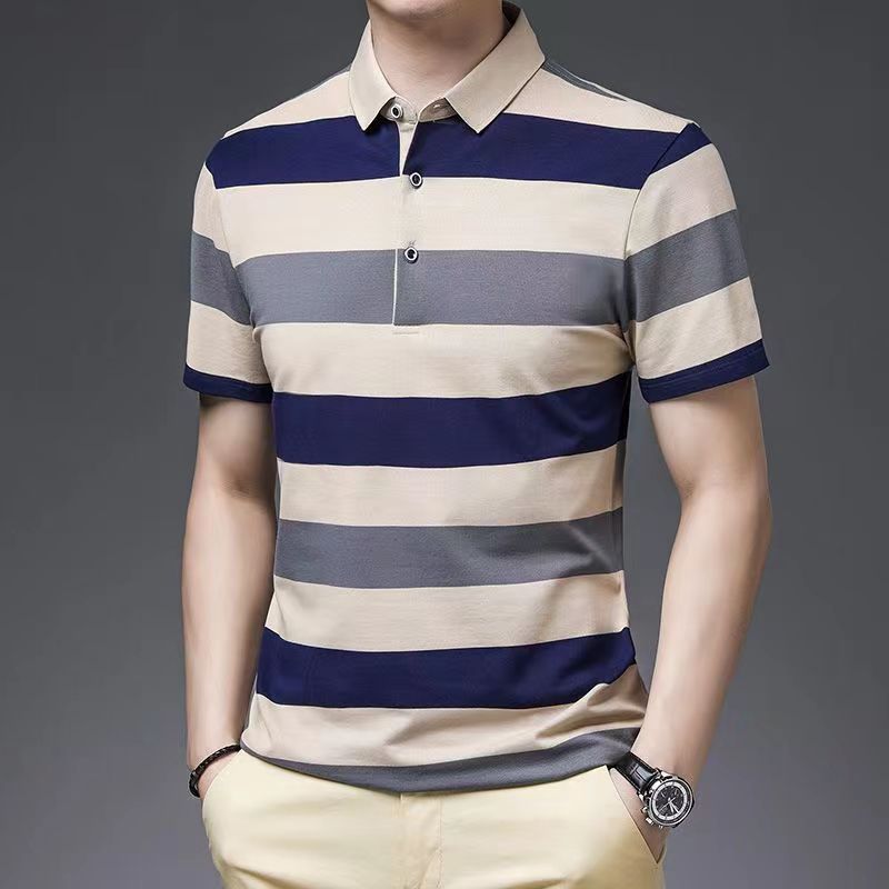 

Летняя мужская деловая рубашка-поло с короткими рукавами и полосатыми лацканами