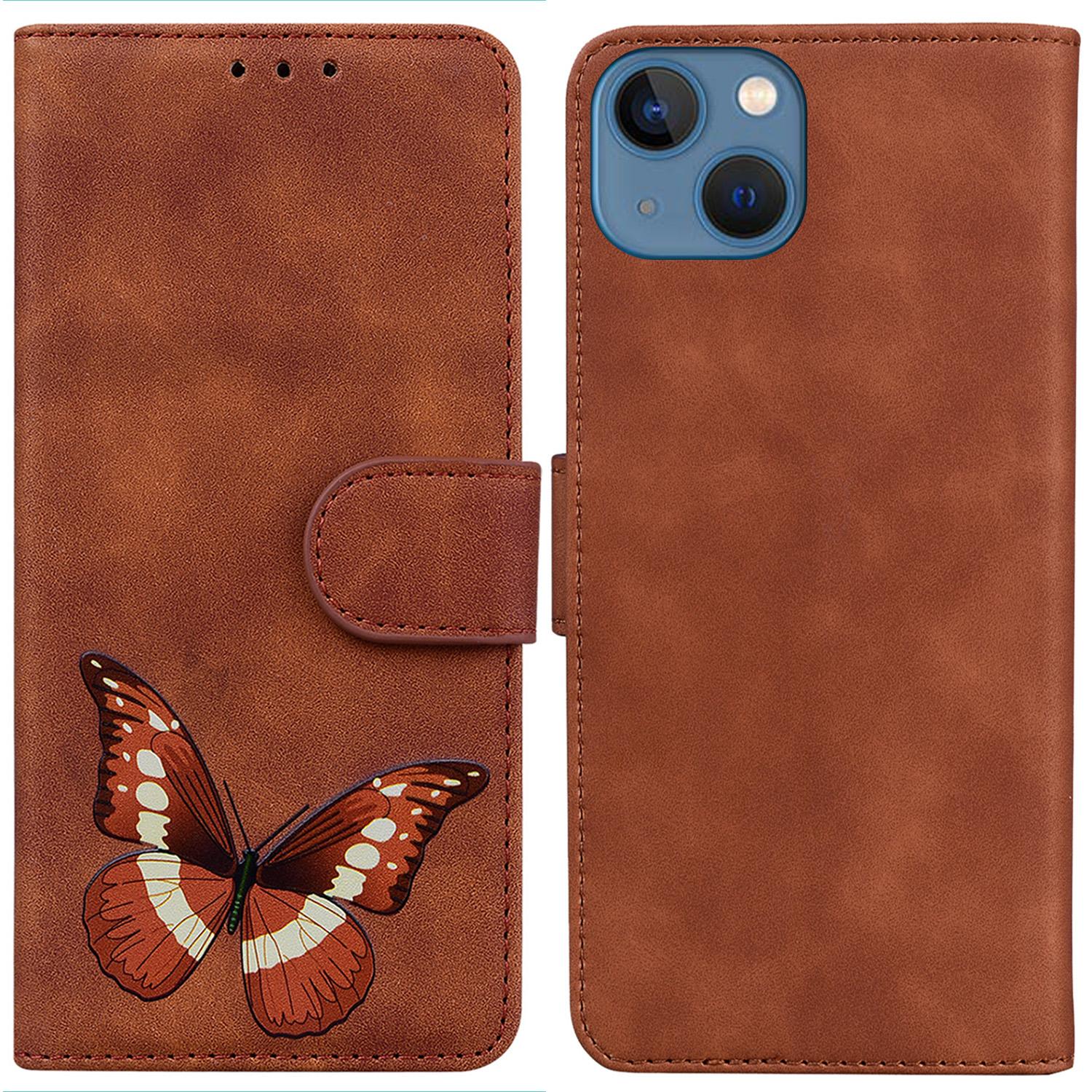 

PU Leather Shell for iPhone 15 Plus Butterfly Printing Anti-scratch Flip Stand Wallet Case Phone Cover Brown
