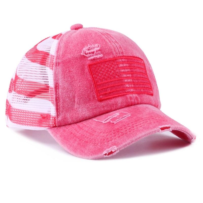 Distressed Wash Cotton Baseball Hat with Star Print Curved Brims Mesh Ponytail Sun Hat for Patriotic Women Teens Girl