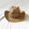 49MD Handwoven Straw Hat Sun Protective Hat Roll Brim Straw Hat with Seashells Belt