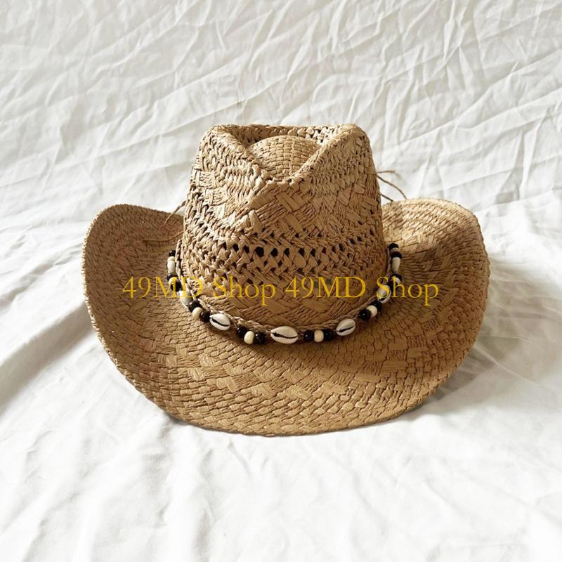49MD Handwoven Straw Hat Sun Protective Hat Roll Brim Straw Hat with Seashells Belt
