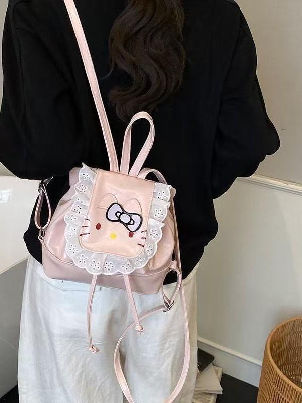 Mochila Infantil Hello Kitty com Acabamento em Renda e Estampa de Desenho Animado Para Uso Diário