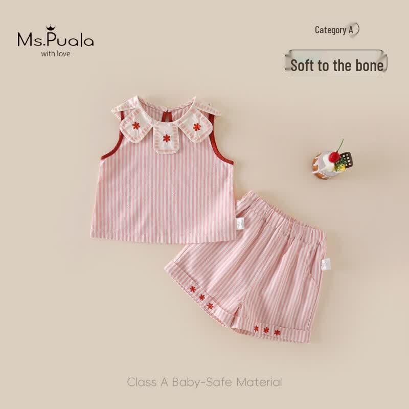 MS.PUALA Baby Girls Summer Striped Two-Piece Set 80 cm
