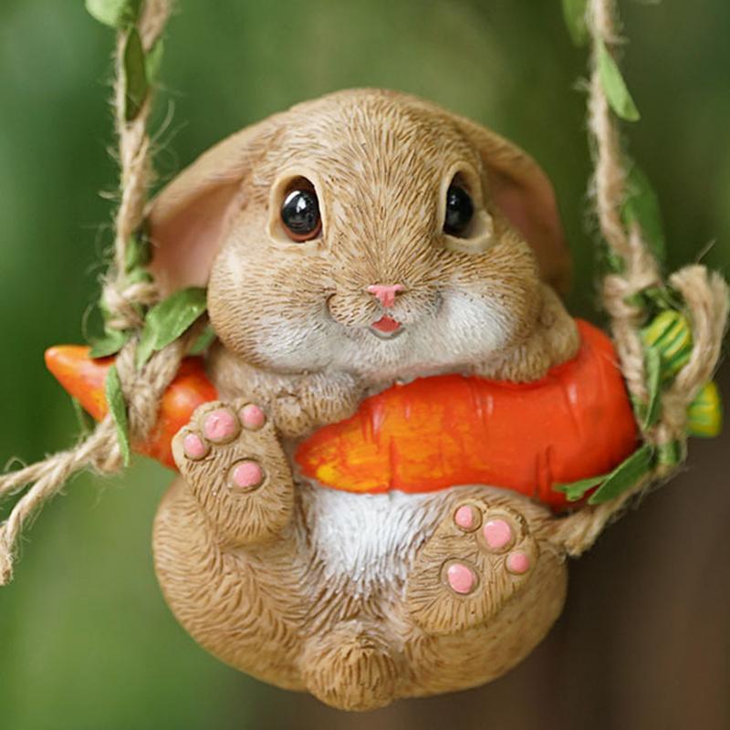 Easter Bunny Pendant Landscaping Animal Statue with Swing Rope & Hook Rustic Swinging Rabbit Figurine Hanging Ornaments for Car