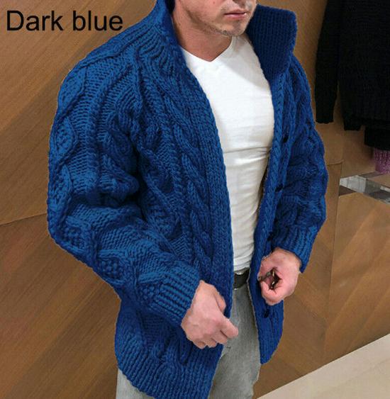 

2024 Мужской Жаккардовый Кардиган Свитер с Воротником-стойкой - Плотный, Длинный Рукав, Повседневная Одежда 4XL синий