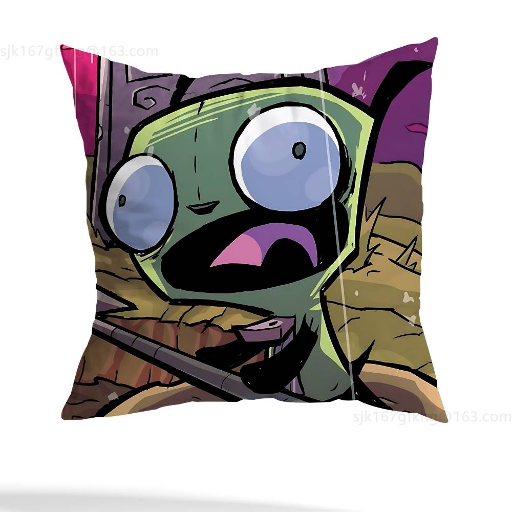Green Invader ZIM Pillow Case Square Double-Sided Printing Short Plush Sofa Cushion Cover Bedroom Bedside Pillow