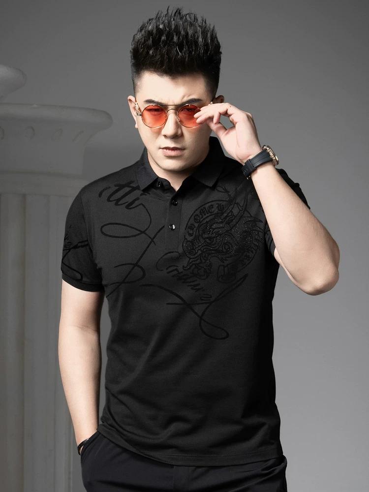 European Goods 2025 Summer New Men's Short-Sleeved Polo Shirt Trendy Brand Velvet Printed T-Shirt Lapel Casual Top for Men
