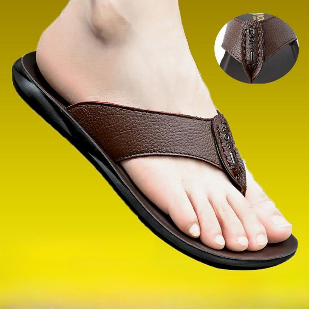 Sandale de vară Flip-flops pentru bărbați Pantofi de plajă casual din piele naturală, papuci de casă anti-alunecare, respirabili