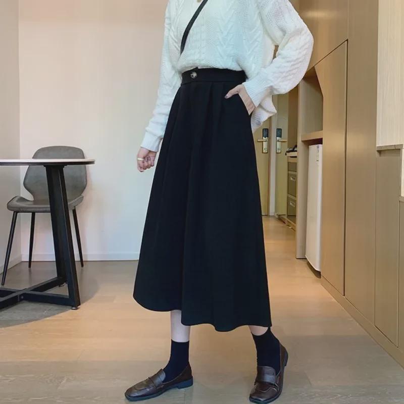 Women's Brown High-Waist A-Line Skirt: Thick, Slimming, Hip-Covering Medium-Length for Autumn and Winter